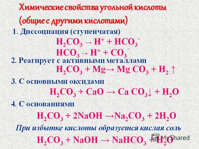 Химические свойства угольной кислоты. Реакции с угольной кислотой. Характеристика солей угольной кислоты. Угольная кислота с солями реакция