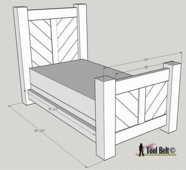 Чертеж односпальной кровати из дерева с размерами